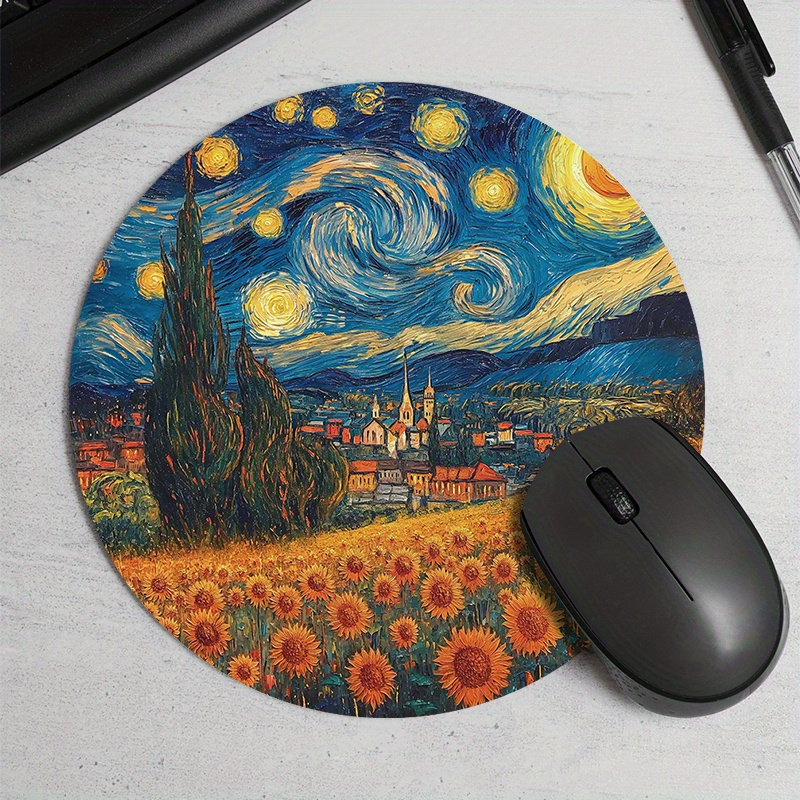 Desk Setup Rug - Starry Night Sunflower Round Mouse Pad